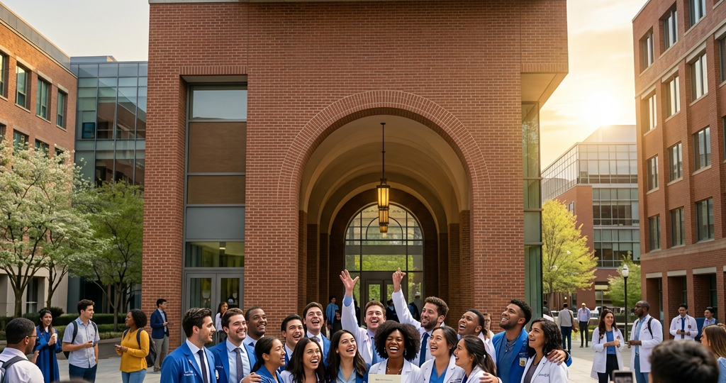 Group of medical graduates celebrating by tossing caps and holding diploma outdoors