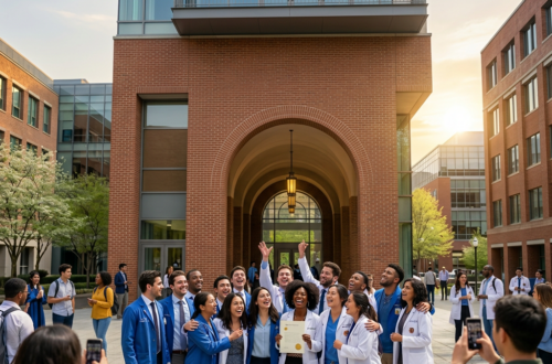 Group of medical graduates celebrating by tossing caps and holding diploma outdoors