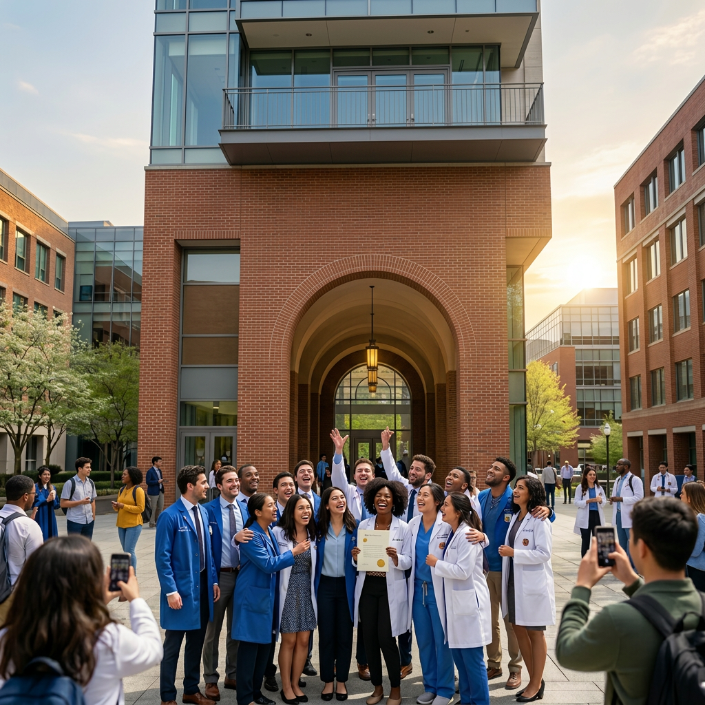 Group of medical graduates celebrating by tossing caps and holding diploma outdoors
